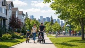 Family walking near homes a park and playground in a Calgary neighbourhood