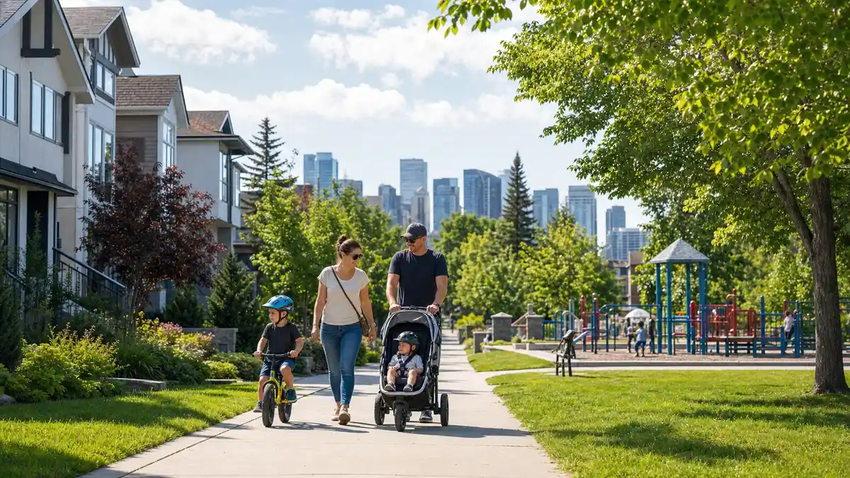 Family walking near homes a park and playground in a Calgary neighbourhood