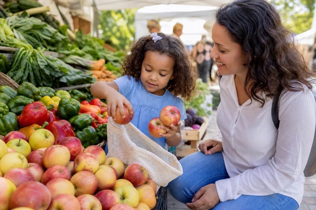 Preschool child counting apples with a parent at a farmers market