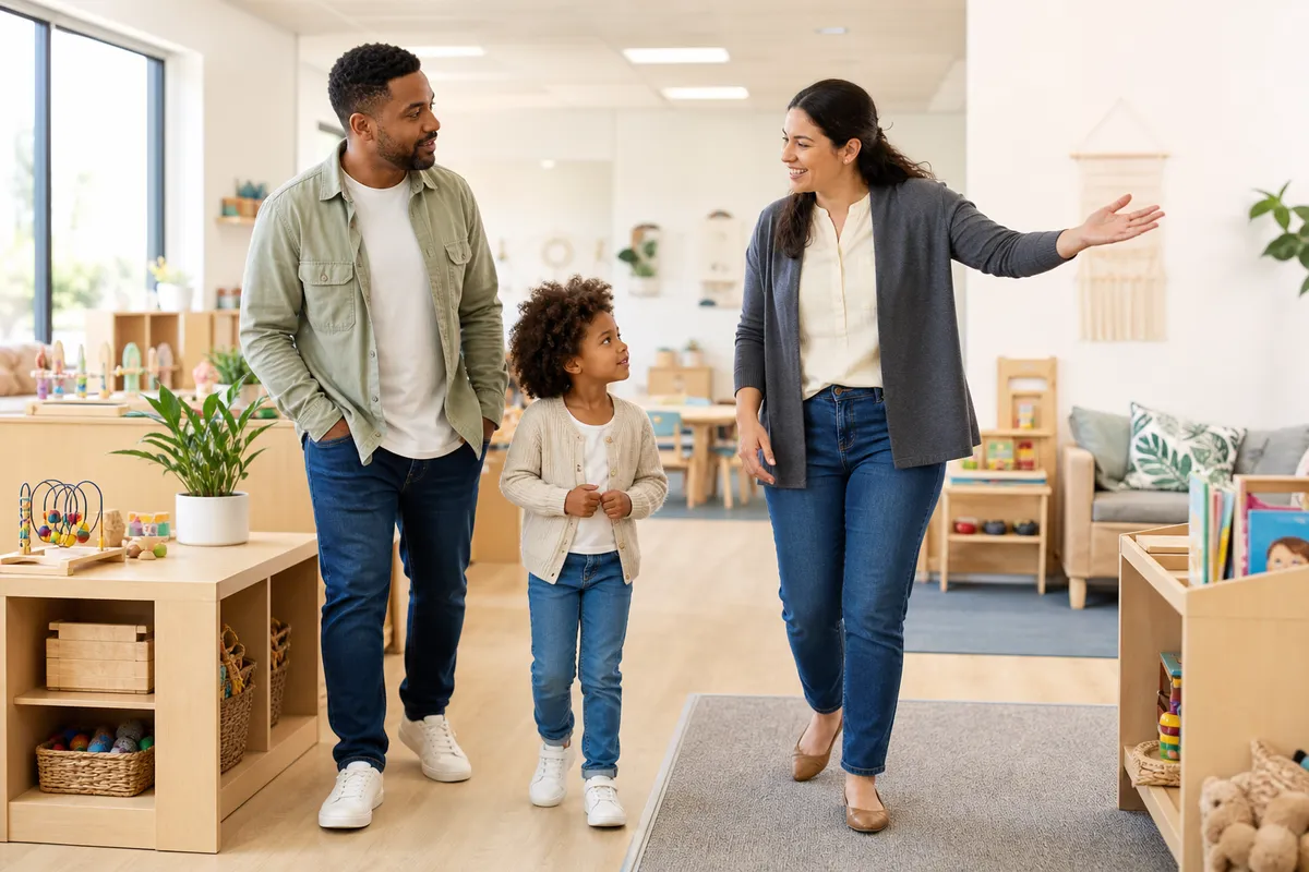 Parent and preschool child touring a daycare classroom with an educator