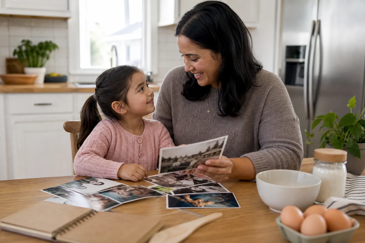 Parent and preschool child looking through family photographs together