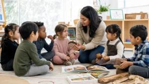 Preschool children exploring cultural traditions with their daycare educator