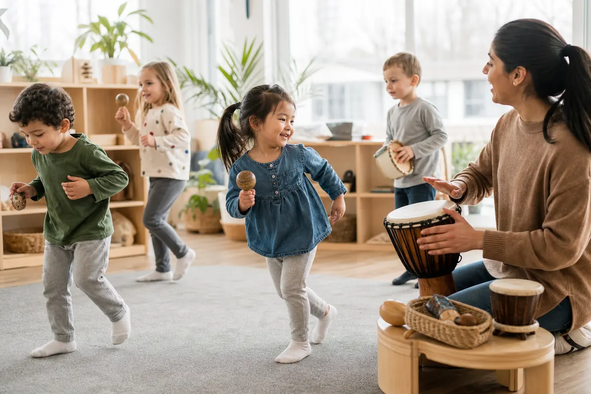 Young children enjoying a music and movement activity at daycare