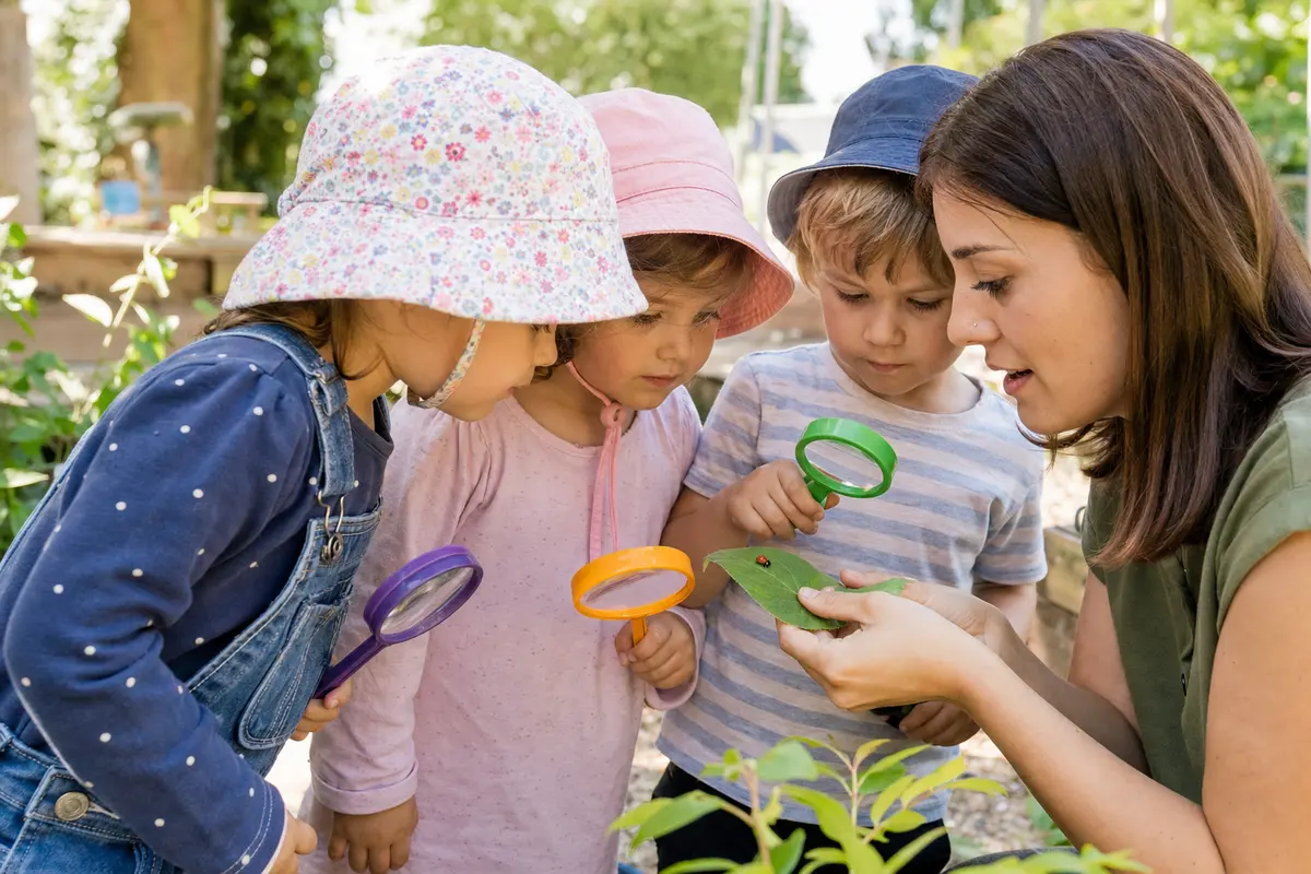 Preschool children observing a ladybug with their daycare educator