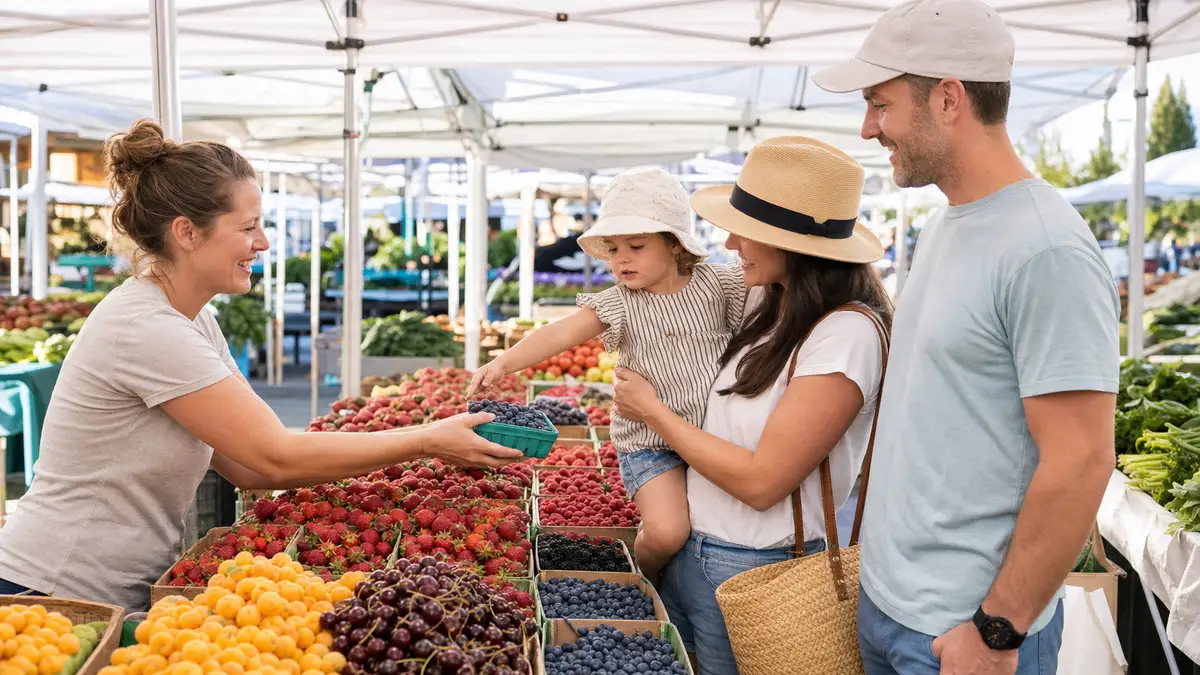 Family choosing fresh berries at an outdoor Calgary farmers market
