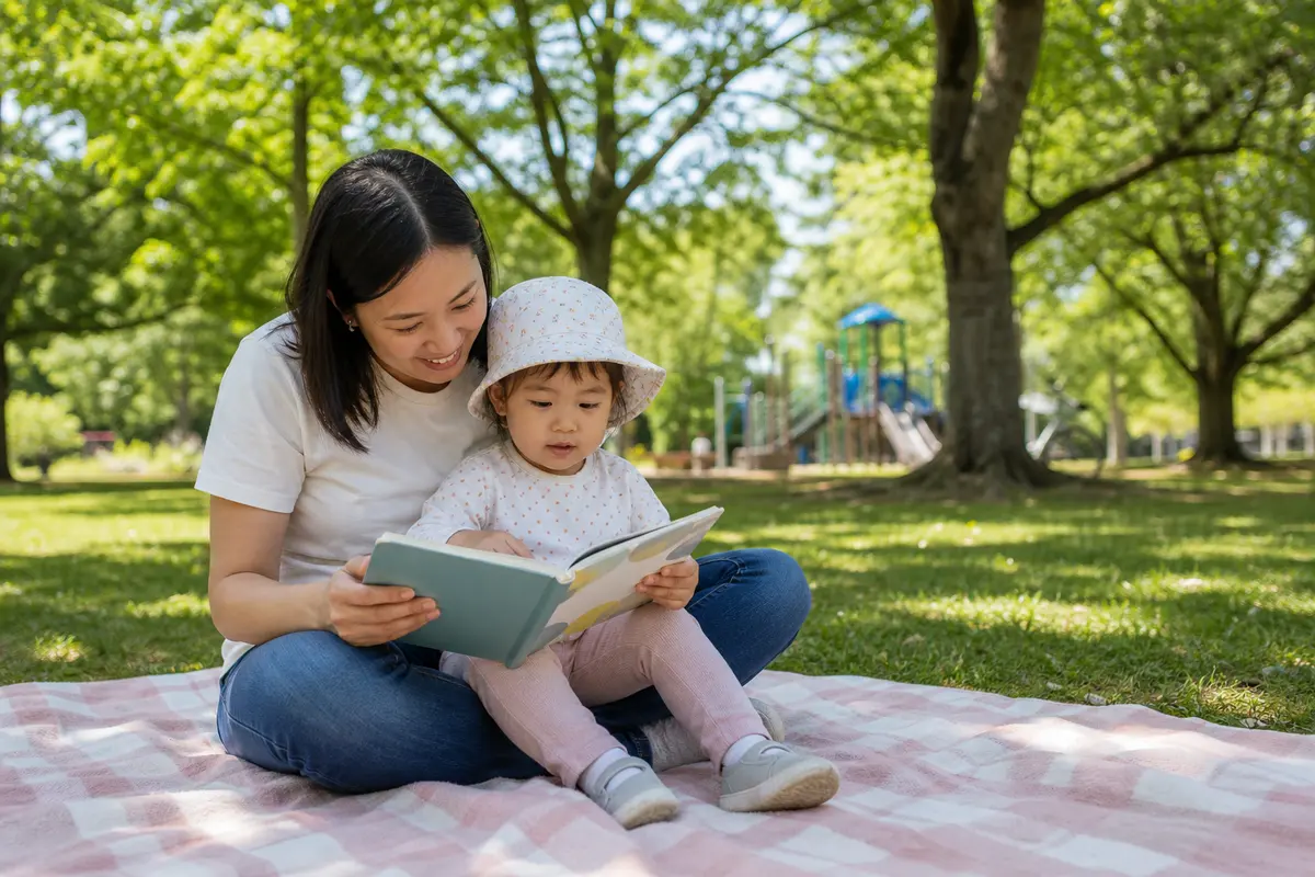 Parent and toddler reading a board book together in a Calgary park