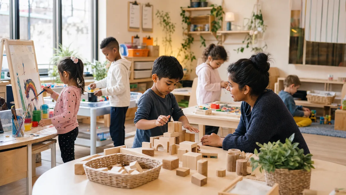 Preschool children exploring blocks art and sensory play with an educator