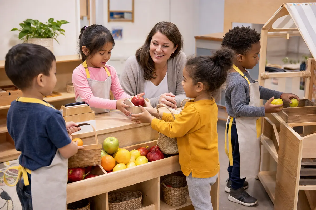 Preschool children learning through a pretend grocery store activity