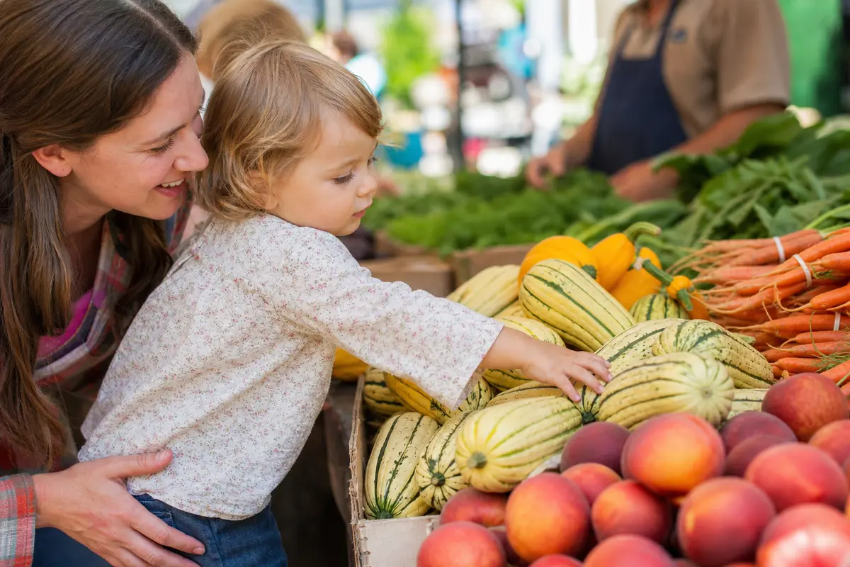 Toddler exploring colourful vegetables with a parent at a farmers market