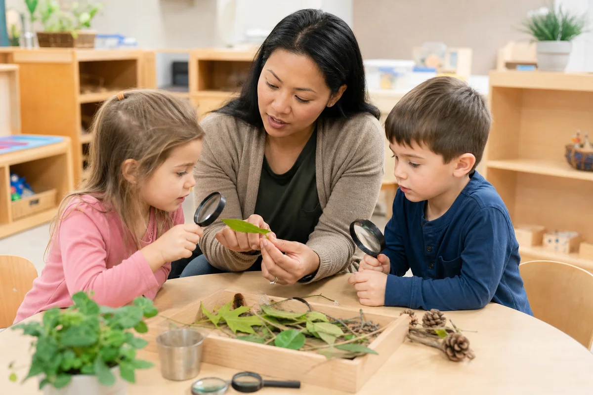 Early childhood educator guiding children through a hands-on nature activity