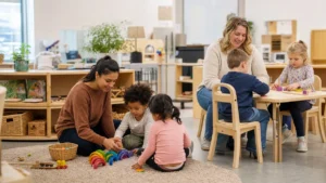 Two early childhood educators supervising small groups of preschool children