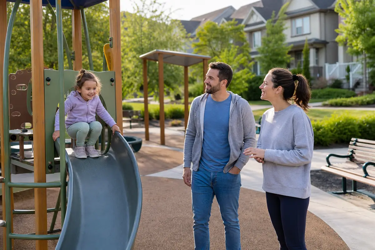 Parents watching their preschool child play at a safe neighbourhood playground