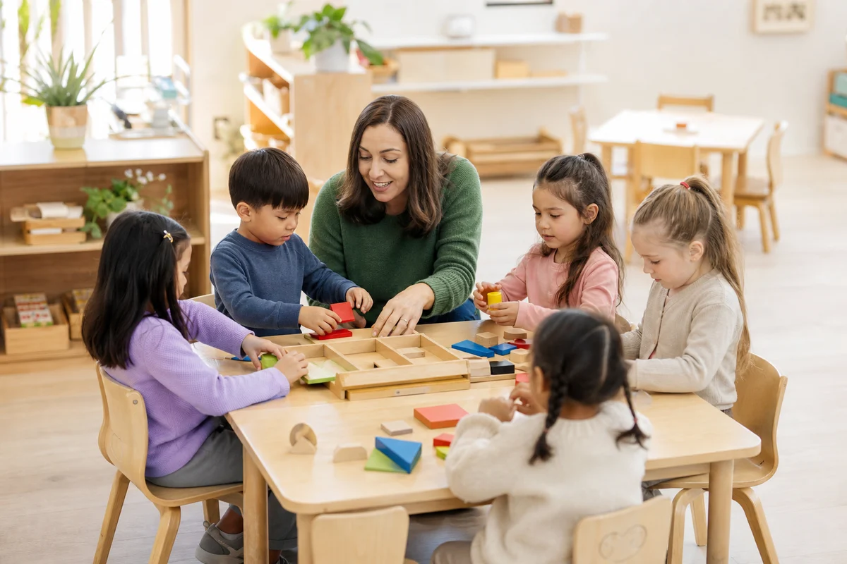 Small group of preschool children learning with a daycare educator