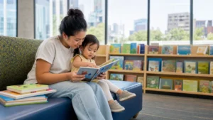Parent and toddler reading a picture book in a Calgary library