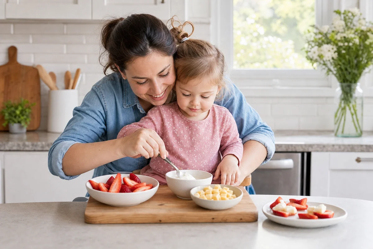 Parent and toddler preparing strawberries and yogurt together