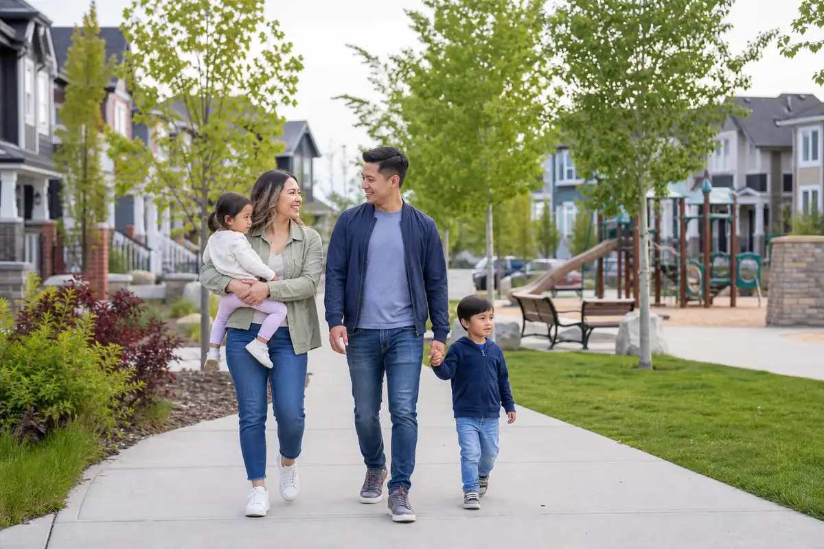 Young family walking on a pathway beside homes and a neighbourhood playground