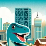 A digital art poster featuring a T. Rex and a marketplace with Calgary in the background