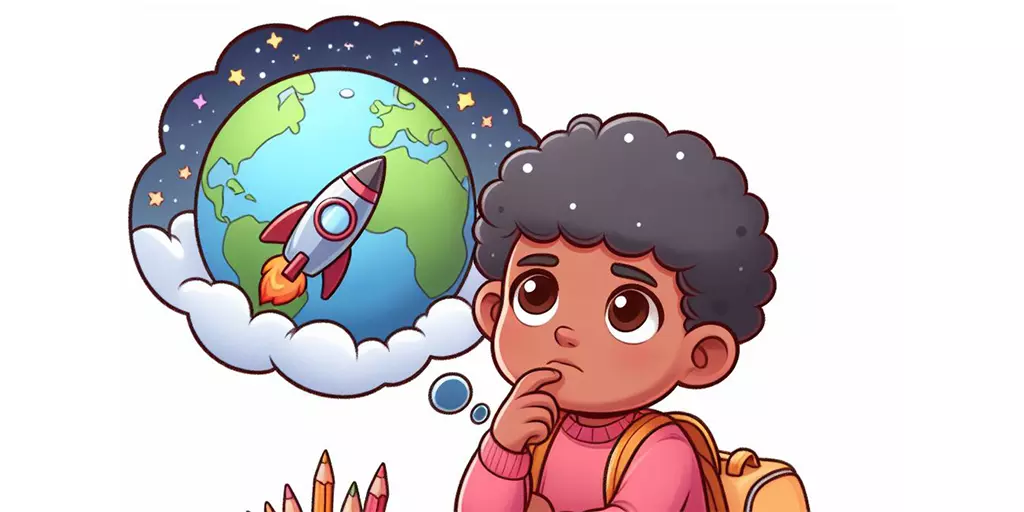 A digital poster of a child thinking about the future in a thought balloon.