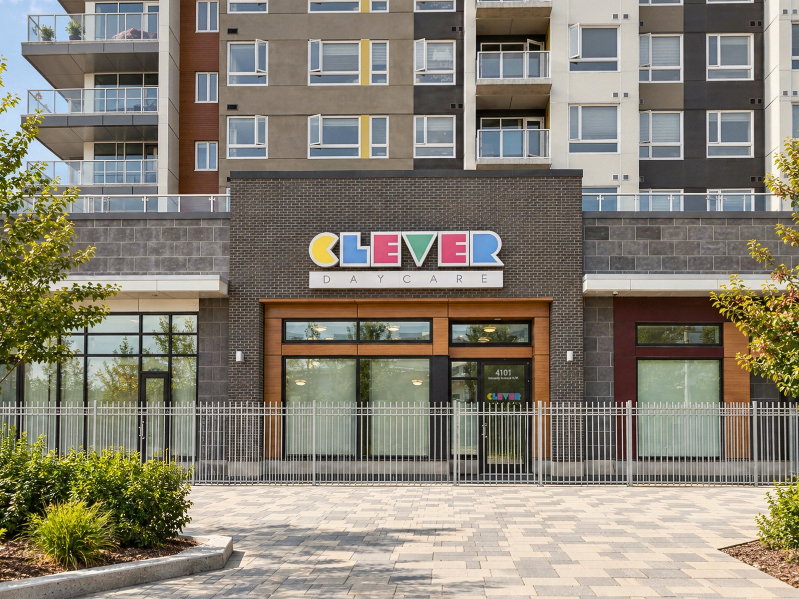 Clever University District entrance beneath the colourful Clever Daycare sign