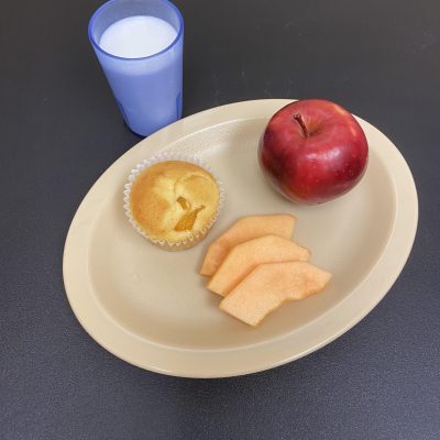 Peach muffins, cantaloupe & apple with milk - Breakfast