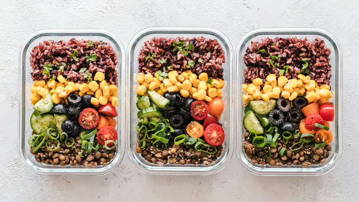 Colourful healthy daycare lunches with vegetables and grains